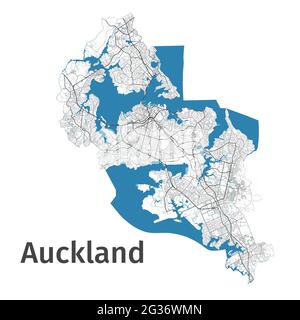 Auckland map. Detailed map of Auckland city administrative area. Cityscape panorama. Royalty free vector illustration. Outline map with highways, stre Stock Vector