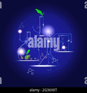 The concept of studying ecology in laboratory chemical flasks. Biotechnological scientific background. Green leaf symbol. Stock Vector