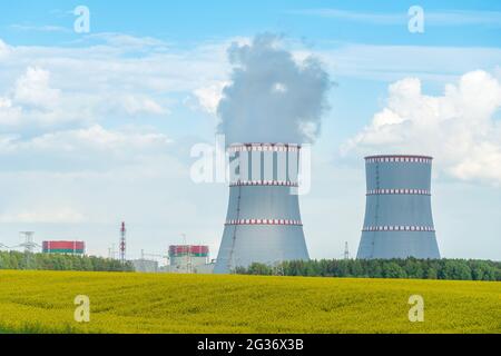 Belarusian nuclear power plant in Ostrovets on a sunny summer day, Belarus 2021 Stock Photo