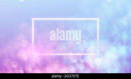 Neon rectangle frame with smoke on water surface. Rectangular glowing ...