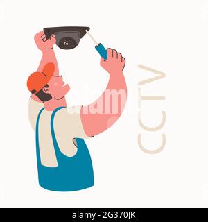 Installing CCTV. Technical worker installs a video camera. Security camera. Vector flat isolated illustration. Stock Vector