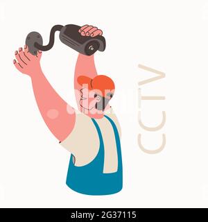 Installing CCTV. Technical worker installs a video camera. Security camera. Vector flat isolated illustration. Stock Vector