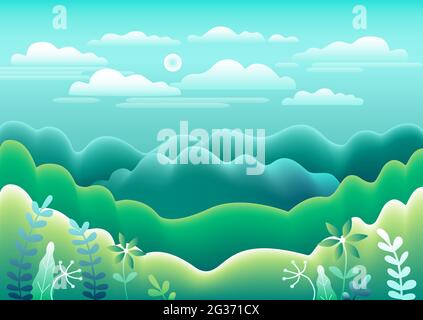Hills, mountains landscape in flat style design. Beautiful field, meadow, sky, cloud and sun. Rural location with valley forest, trees. Green blue gra Stock Vector