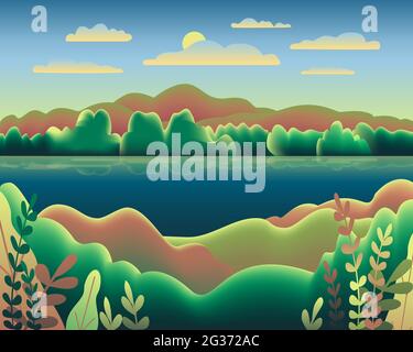Hills landscape in flat style design. Beautiful field, meadow, mountains and sky. Rural location with valley, lake, river, hills, forest, trees. Green Stock Vector