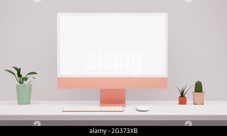 Modern pink computer blank screen mockup on a white desktop in 3D rendering. Web, app and ui ux design presentation Stock Photo