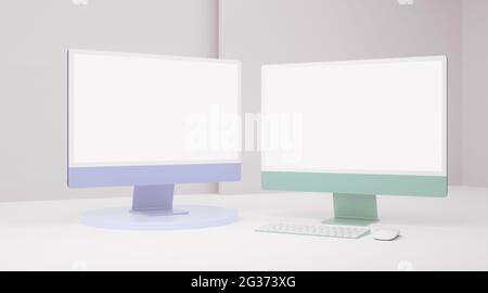 Two color computer monitor blank screen mockup on white for ui ux web and app concept in 3D rendering Stock Photo