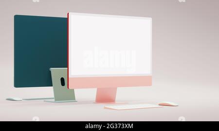 Pink computer monitor blank screen mockup for branding, web and app presentation in 3D rendering Stock Photo