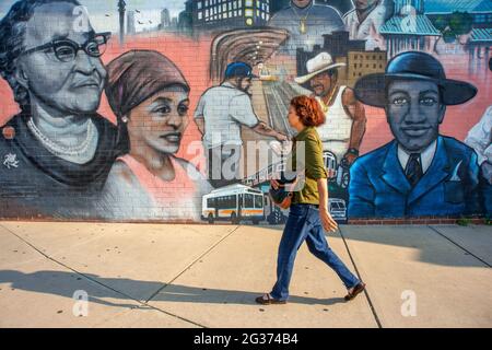 Faces of Dudley mural art garffiti in Roxbury, Massachusetts Boston USA  'Faces of Dudley' depicts Malcolm X and other icons from Roxbury. “That mural Stock Photo