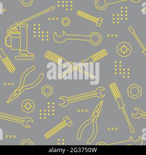 Vector seamless pattern Illustration Construction tools. Repair background. Pliers for gripping and manipulating, wrench, screwdriver, bolt, washer, n Stock Vector