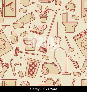 Vector Seamless pattern Illustration Cleaning Maid service Housekeeping Washing machine Mop Watering can Iron Vacuum cleaner Professional hygiene serv Stock Vector