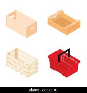 Wicker basket, shopping basket and wooden market boxes isometric view, isolated on white background. Vector Stock Vector