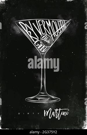 Dirty martini cocktail lettering dry vermouth, gin, olive in vintage graphic style drawing with chalk on chalkboard background Stock Vector