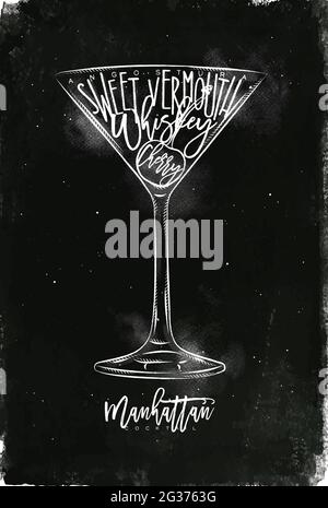 Manhattan cocktail lettering angostura, sweet vermouth, whiskey, cherry in vintage graphic style drawing with chalk on chalkboard background Stock Vector