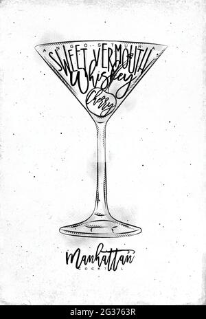 Manhattan cocktail lettering angostura, sweet vermouth, whiskey, cherry in vintage graphic style drawing on dirty paper background Stock Vector
