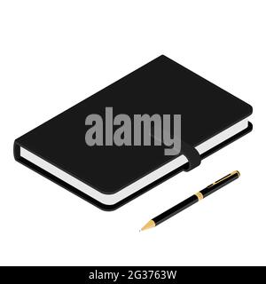 Black leather notebook, notepad and ballpoint pen isolated on white background, isometric view. Vector Stock Vector