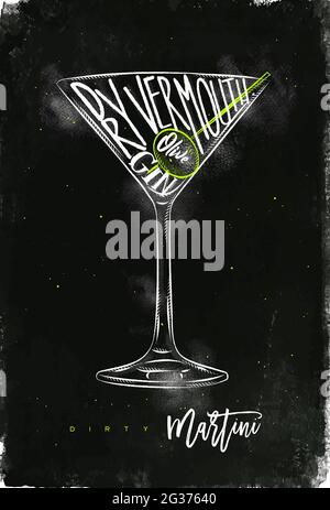 Dirty martini cocktail lettering dry vermouth, gin, olive in vintage graphic style drawing with chalk and color on chalkboard background Stock Vector
