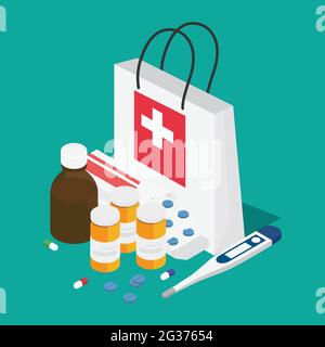White bag with pills, capsules blisters, glass bottles with liquid medicine & plastic tubes with caps. Drug medication & supplements collection. Pharm Stock Vector