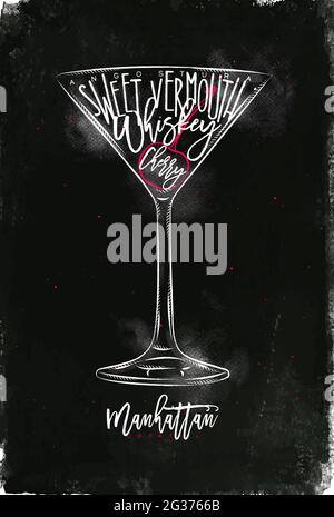 Manhattan cocktail lettering angostura, sweet vermouth, whiskey, cherry in vintage graphic style drawing with chalk and color on chalkboard background Stock Vector