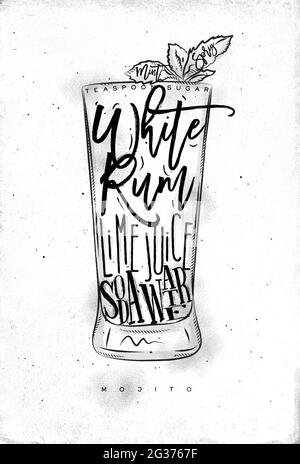 Mojito cocktail lettering teaspoon sugar, white rum, lime juice, soda water in vintage graphic style drawing on dirty paper background Stock Vector