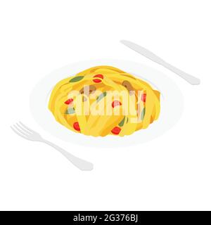 Tasty appetizing classic italian spaghetti pasta with tomato sauce, mushrooms, cheese parmesan and basil on plate with fork and knife. Vector Stock Vector