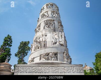 Monumental tomb of Senator Antonio Bernocchi by Giannino Castiglioni depicting the stations of the cross of Jesus at the Monumental Cemetery in Milan, Stock Photo