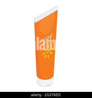 Orange sun cream sunscreen with SPF bottle tube package design isolated on white backgound. Isometric view. Vector Stock Vector