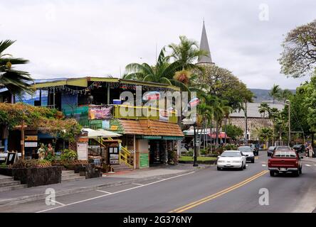 Sea-side restaurant and shops on main street of Kailua-Kona, Big Island, Hawaii Stock Photo