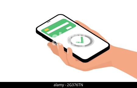 Hand holding smartphone with online payment system in a flat design Stock Vector