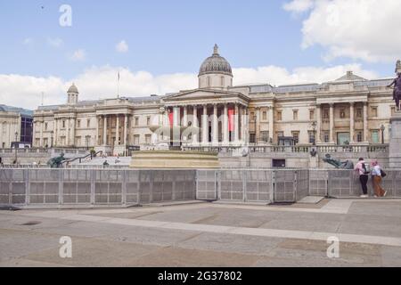 London, United Kingdom, 12th June 2021. Barriers erected around the fountains on Trafalgar Square, part of the Euro 2020 Fan Zone ahead of England's match in the football tournament.