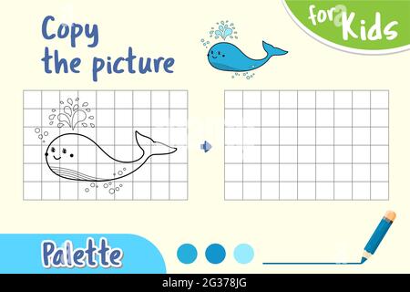 Copy the picture and color it. Draw an whale by cells, Game for small children. Stock Vector