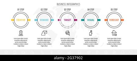 Infographics circles with icons. Line vector business concept of 5 steps by step, options, squares. Template with five ways for diagram, web, banner Stock Vector