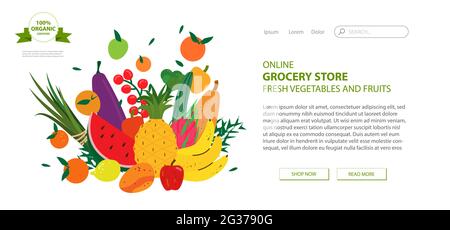 Web page design template for grocery store, online market, farm, home delivery fresh vegetables and fruits. Vector illustration for website developmen Stock Vector