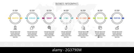Infographics circles with icons. Line vector business concept of 7 steps by step, options, squares. Template with seven ways for diagram, web, banner Stock Vector
