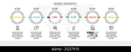 Infographics circles with icons. Line vector business concept of 6 steps by step, options, squares. Template with six ways for diagram, web, banner Stock Vector