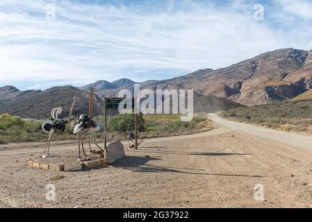 SEWEWEEKSPOORT, SOUTH AFRICA - APRIL 7, 2021: Name board at Nietvoorby farm on the road between Seweweekspoort in the Swartberg Mountains and Laingsbu Stock Photo