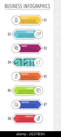 Minimal infographics circles. Line vector business concept of 8 steps by step, options, labels. Flat template with eight ways for diagram, flowchart Stock Vector