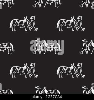 Black and white drawn stick figure of cowboy walking with horse clip art. Wild masculine stallion plant for monochrome folk icon sketchnote or Stock Vector