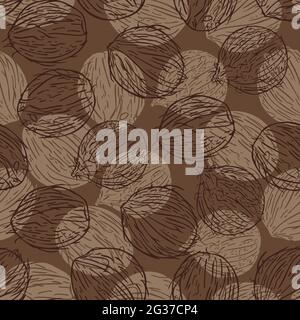 Vector seamless pattern with silhouettes and outlines of coconuts. Design in brown shades. Stock Vector