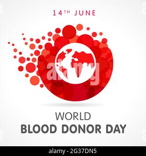 World blood donor day, map and lettering. Vector illustration of Donate blood concept with abstract shape red drop with form letter o for Donor day, J Stock Vector