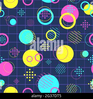 Modern seamless pattern with colorful circles and disks. Repeat background with abstract round objects. Fashion texture with yellow, blue and pink geo Stock Vector