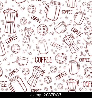Seamless pattern with cafeteria brown elements. Repetitive background with coffee beans, beverage, cold frappe and chocolate chip cookies Stock Vector