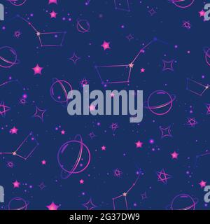 Purple and blue galaxy seamless pattern with stars, planets and constellations. Repeat pattern with starry sky and glowing universe. Gradient texture Stock Vector