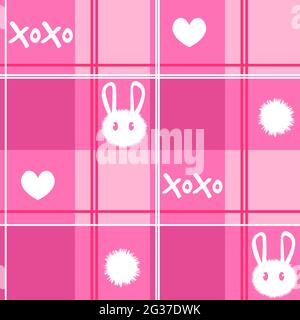 Kawaii tartan model with squares, stripes and gradients. Pink seamless pattern for kids pajamas with rabbits, hearts and text. Repetitive background Stock Vector