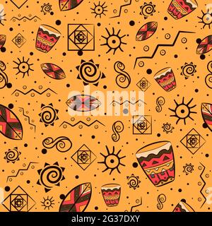 African traditional seamless pattern with national mayan and aztec motifs. Repetitive background with bohemian elements and earth tones. Stock Vector