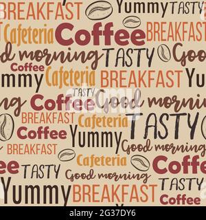 Word cloud with different text related to coffee menu. Seamless pattern with words for brunch and breakfast about beverage and food. Background for re Stock Vector