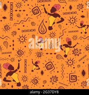 African seamless pattern with aztec and mayan traditional motifs. Repetitive indian and bohemian background for summer with spirals, national ethnic Stock Vector