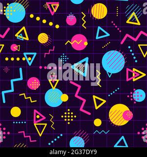 Geometric seamless pattern with minimalist and modern shapes. Repetitive background with triangles, lines, circles and dots. Colorful digital space an Stock Vector
