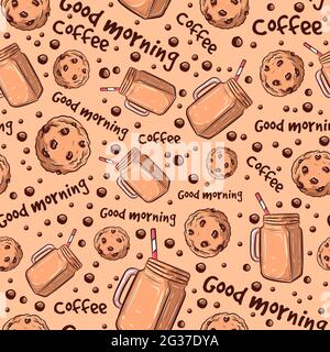 Seamless pattern for coffee shops with beverage and chocolate chip cookies. Sweet repetitive background with pastries. Biscuits and soft drinks for br Stock Vector