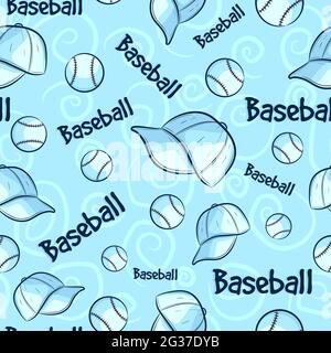 Blue seamless pattern with baseball concept and elements. Repetitive background with equipment balls, white hats and text. Sport texture Stock Vector