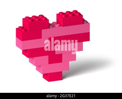 Red and pink color heart 3d symbol built of colorful toy building block tiles, isolated on white, drop shadow Stock Photo
